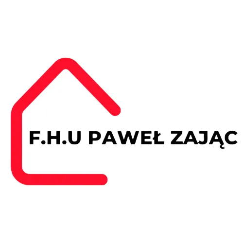 Obramowanie domu w kolorze czerwonym bez prawej ściany. Z logo przez prawą stronę idzie napis F.H.U Paweł Zając.